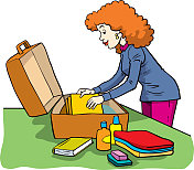 女子打包袋，矢量插图。快乐的年轻女子准备度假。