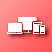 台式电脑，笔记本电脑，平板电脑和智能手机。图标在红色背景与阴影