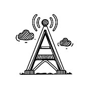 通讯塔线图标，草图设计，像素完美，可编辑笔画。无线天线，云，Wifi