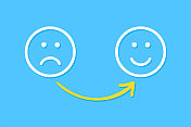 在蓝色背景上绘制不快乐和快乐解决方案的概念