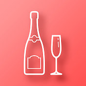 香槟瓶和玻璃杯。图标在红色背景与阴影