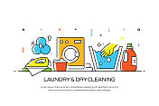 洗衣和干洗相关的线风格横幅设计网页，标题，小册子，年度报告和书的封面