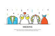 婚礼相关的线风格横幅设计网页，标题，小册子，年度报告和书的封面