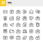 电子邮件-细线矢量图标设置。30图标。像素完美。该集合包括电子邮件，信件，地址簿，邮箱，信封，订阅，消息，档案，通信，通信，反馈，文本消息，网页。