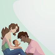 休闲家庭插画的妈妈，爸爸和儿子玩，而妈妈抱着婴儿，爸爸和他玩