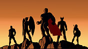 矢量史诗超级英雄团队剪影在岩石股票插图