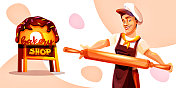 卡通风格的烘焙概念。面包师与擀面杖和面包店的标志在抽象的背景。