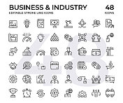 业务和行业矢量线图标集。可编辑的笔画，像素完美的黑线图标。此图标集包含装配线、创新、流程图、导出、导入、计划等图标