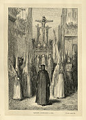 在圣周期间，塞维利亚的Semana Santa，忏悔者陪伴着Paso，西班牙19世纪
