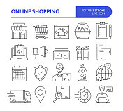 网上购物相关线矢量图标集。可编辑的中风。购物，互联网，移动购物，电子商务。