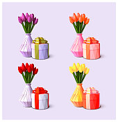 郁金香花束在一个花瓶，花郁金香与礼盒礼品向量集