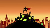 矢量超级英雄站在一堆被打败的邪恶机器人剪影在城市股票插图