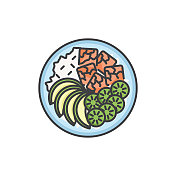 夏威夷菜戳碗颜色线图标。可编辑的中风。