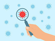 病毒细胞上方的手持放大镜 病毒细胞上方的手持放大镜