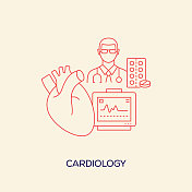 心脏病学相关设计与线图标。简单的轮廓符号图标。