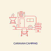 大篷车露营与线图标相关的设计。简单的轮廓符号图标。