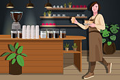 美丽的年轻女子/咖啡师在咖啡中微笑提供咖啡Café，小型企业概念。