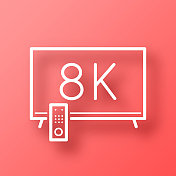 8 k电视。图标在红色背景与阴影 8 k电视。图标在红色背景与阴影