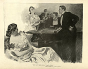 一群上流社会的年轻男女站在钢琴周围,演奏音乐,维多利亚晚期的上流社会 一群上流社会的年轻男女站在钢琴周围,演奏音乐,维多利亚晚期的上流社会