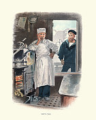英国皇家海军厨师在一艘军舰的厨房,维多利亚军事历史,19世纪,1890年代 英国皇家海军厨师在一艘军舰的厨房,维多利亚军事历史,19世纪,1890年代