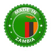 赞比亚制造徽章矢量。有星星和国旗的贴纸。标志孤立在白色背景上。