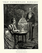 年轻男子欣赏一个美丽的女人，英国维多利亚上层阶级，19世纪的浪漫