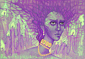 插图油画肖像的一个悲惨的女人在金色珠宝的背景下燃烧的蜡烛在紫色