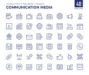 通信媒体线图标集包含摄像头、广播、电视、文案、5G、无线技术、短信等图标。
