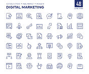 数字营销线图标集包含电子邮件营销，流量，关键字，搜索引擎优化，病毒式营销，分析等图标。