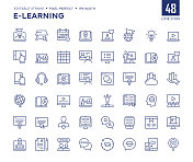 E-Learning Line图标集包含有声书、电子书、教程视频、虚拟教室、证书、毕业等图标。