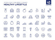 健康生活方式线图标集包含节食，举重，补充，跑步机，哑铃，肌肉等图标。
