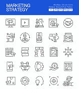 营销策略细线矢量图标集。设计是可编辑的，颜色可以改变。创意图标的矢量集:品牌营销，内容营销，全球营销，入站营销，数字营销，对话