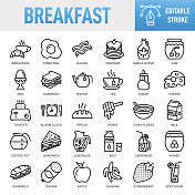 早餐-细线矢量图标集。像素完美。可编辑的中风。移动和网络。该套包含图标:早餐，培根，鸡蛋，煎蛋，煮蛋，面包，咖啡-饮料，咖啡杯，杯，早餐麦片，牛奶，茶-热饮，茶杯