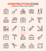 建筑和建筑图标-建筑，蓝图，工具，材料和更多的符号