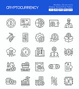 加密货币细线矢量图标集。设计是可编辑的，颜色可以改变。创意图标的向量集:硬币，钱包，区块奖励，区块链，挖矿，交换