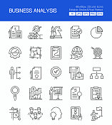 业务分析细线矢量图标集。设计是可编辑的，颜色可以改变。创意图标矢量集:项目管理，目标，文档，头脑风暴，流程图