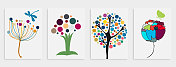 矢量手绘彩色树木和花卉植物图案卡片横幅抽象创意通用艺术模板背景。套装适用于海报、名片、邀请函、传单、封面、横幅、海报、宣传册等平面设计