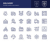 送货线图标。这个图标集包括送货车,无人机送货,货船,集装箱,送货员等。 送货线图标。这个图标集包括送货车,无人机送货,货船,集装箱,送货员等。