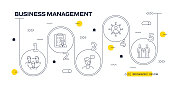 企业管理矢量信息图。设计是可编辑的，颜色可以改变。创意图标的矢量集:团队合作，工作流程，支持，评估，全球管理