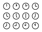 世界时间时钟图标设置。12个钟显示时间从1小时到12小时不等