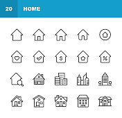 住宅和建筑线图标。可编辑的中风。像素完美。移动和网络。包括公寓，建筑，建筑，城市，建筑，家庭，酒店，房子，小屋，抵押贷款，社区，办公室，房地产，摩天大楼，仓库等图标。