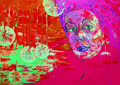 以红色色调的蒲公英林间空地为背景的女性长发插画油画肖像