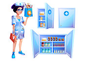 卡通风格的医学和健康概念。一套医疗急救箱，白色背景上有一个女孩药剂师。
