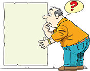 卡通思维人与问号思考气泡矢量插图。人与问题在泡沫中思考