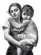 一个年轻漂亮的女人和母亲抱着她的孩子，都看着相机，白色背景