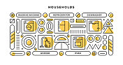 家庭信息图表概念与几何形状和洗碗机，烤箱，胡佛，冰箱线图标