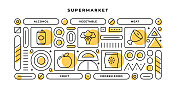 超市信息图表概念与几何形状和酒精，蔬菜，肉类，水果线图标