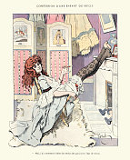 Free spirited carefree young woman, smoking, stockings, Belle ?poque, Vintage French satirical cartoon