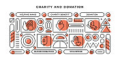 慈善和捐赠信息图表概念与几何形状和援助之手，慈善利益，捐赠，志愿者线图标