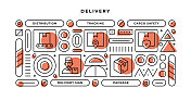 交付信息图表概念与几何形状和分配，跟踪，货物安全，送货员线图标
